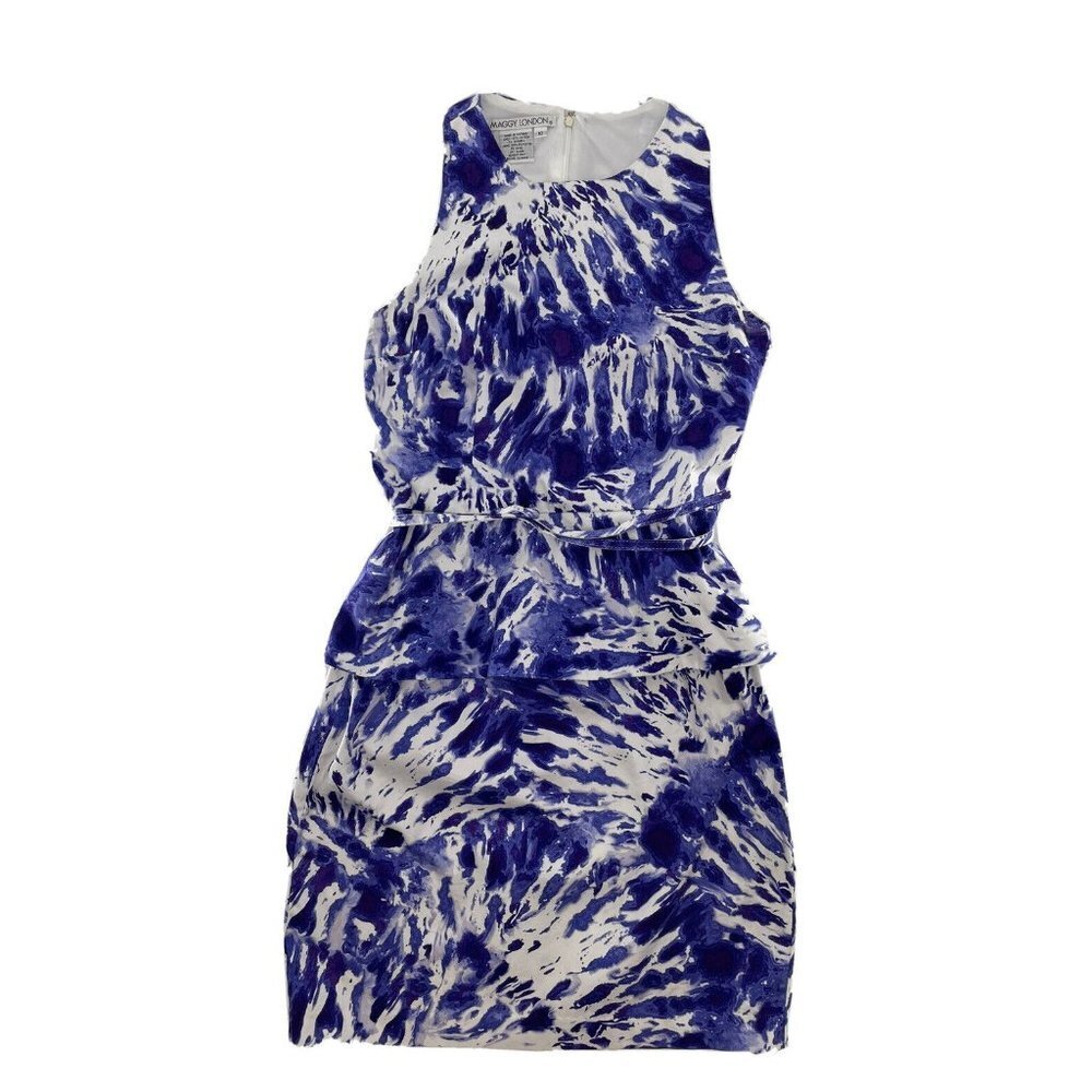 Maggy London Blue Purple White Tie Dye Racerback Peplum Belted Dress Size‎ 10